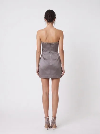 Kahve Yakası Taşlı Straplez Mini Elbise — 2. görünüm