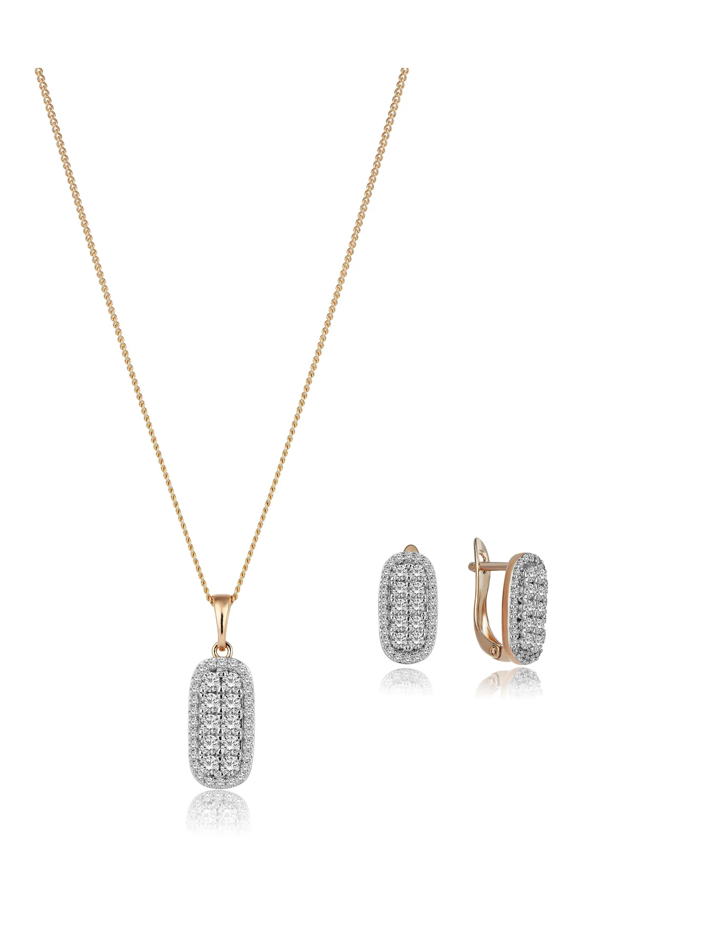 Pave Oval Taşlı Tasarım Altın Kolye Küpe Set